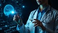 Doctor interacting with glowing blue digital brain interface medical technology Royalty Free Stock Photo