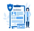 Doctor woman character insurance department, tiny female physician standing health policy sale flat vector illustration