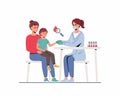 Doctor woman collecting and drawing capillar blood from finger for lab test. Little boy sitting on her mother lap. Nurse doing Royalty Free Stock Photo