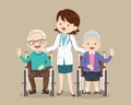 Doctor woman and elderly sitting on wheelchair victory hand