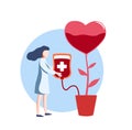 Doctor woman growing tree, plant with heart. Blood donor day flat vector. Girl nurse drip blood in from medic pack to