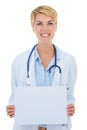 Doctor, woman and happy in portrait, poster for advertising and healthcare information with board on white background