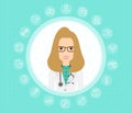 Doctor woman in medical gown with stethoscope. Cute cartoon doctor character. Vector illustration Royalty Free Stock Photo