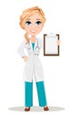 Doctor woman in medical gown with stethoscope. Cute cartoon doctor character. Royalty Free Stock Photo