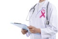 Doctor woman with pink ribbon on her chest,of breast cancer awareness Royalty Free Stock Photo