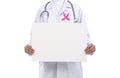 Doctor woman with pink ribbon on her chest hand holding mockup Royalty Free Stock Photo