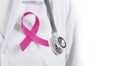 Doctor woman with pink ribbon on her chest, supporting symbol Royalty Free Stock Photo