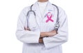 Doctor woman with pink ribbon on her chest, supporting symbol Royalty Free Stock Photo