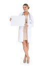 Doctor, woman and poster mockup in studio for medical information, services and donation or presentation. Portrait of Royalty Free Stock Photo