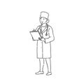 Doctor woman in professional uniform. Line art style character vector black white isolated illustration.