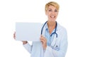 Doctor, woman and smile in portrait, poster for advertising and healthcare information with board on white background