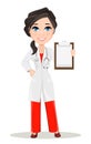 Doctor woman with stethoscope. Cute cartoon smiling doctor character in medical gown holding blank clipboard Royalty Free Stock Photo