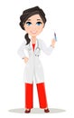 Doctor woman with stethoscope. Cute cartoon smiling doctor character in medical gown holding syringe with vaccine. Royalty Free Stock Photo