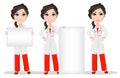 Doctor woman with stethoscope. Set. Cute cartoon smiling doctor character in medical gown Royalty Free Stock Photo