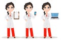 Doctor woman with stethoscope. Set. Cute cartoon smiling doctor character in medical gown