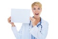 Doctor, woman and surprise in portrait, poster for advertising and healthcare info with board on white background