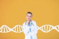 Doctor woman thinking with DNA strand against yellow background Royalty Free Stock Photo