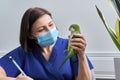 Doctor woman veterinarian examining a green Quaker parrot Royalty Free Stock Photo