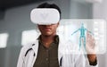 Doctor, woman and virtual reality glasses for hologram, human anatomy and click for analysis in clinic. African medic