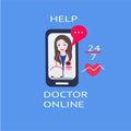 Doctor working online on computer. Flat style vector illustration. icon allday help Royalty Free Stock Photo