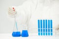 Doctor working on test tubes filled with blue liquid on the table in a medical laboratory Royalty Free Stock Photo