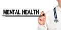 Doctor writes the word - MENTAL HEALTH. Image of a hand holding a marker isolated on a white background