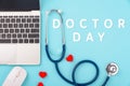 Doctor's Day concept, flat lay top view, stethoscope with laptop computer diagnosis of heart disease Royalty Free Stock Photo