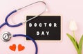 Doctor's Day concept, flat lay top view, equipment medical red heart stethoscope Royalty Free Stock Photo