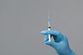 Doctor& x27;s Hand In Blue Latex Glove Holding Syringe With Injection Dose, Closeup Royalty Free Stock Photo