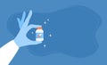 A doctor's hand in a blue medical glove holding a jar of medicine or vitamins on a blue background with copy space. Vector