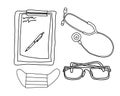 The doctor's writing materials are a stethoscope, a mask, glasses and a notebook.