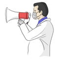 Doctor yelling with megaphone through the medical mask vector illustration sketch doodle hand drawn isolated on white background