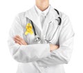 Doctor with yellow ribbon on robe against white background. Cancer awareness concept Royalty Free Stock Photo