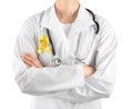 Doctor with yellow ribbon on robe against white background. Cancer awareness concept Royalty Free Stock Photo