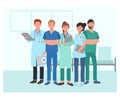 Doctors characters set. Group of hospital medical staff standing together. Male and female medicine workers. Flat vector Royalty Free Stock Photo