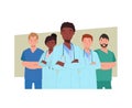 Doctors characters set. Group of hospital medical staff standing together. Male and female medicine workers. Flat vector Royalty Free Stock Photo