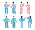 Doctors characters before and after work. Nurse, tired hospital team. Ambulance staff, woman man in medical uniform Royalty Free Stock Photo