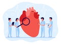 Doctors check the health of heart organ. Medical examination of heart. Heart disorders. Cardiology. Vector flat illustration