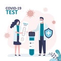 Doctors checks results of rapid test of covid-19. Ampoule with positive result. Scientist in protective mask with express test for