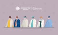 Doctors cook and businessman with uniforms and masks vector design
