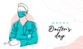 Doctors day simple vector illustration of physician, therapist man in mask and doctor coat. One continuous line art