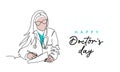 Doctors day simple vector illustration of physician, therapist woman in doctor coat. One continuous line art drawing