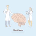 Doctors examining huge human brain, psychiatry, professional assistance, neurobiology, psychology banner