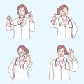 Doctors female characters set. medic workers in uniform with stethoscopes, masks and gloves. hand drawn cartoon vector