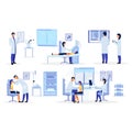 Doctors, general practitioners, therapists flat illustrations set. Medical workers diagnosing cartoon characters. Orthopedist,