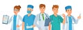 Doctors group. Young medical workers, hospital team and clinic doctor. Health care teamwork cartoon vector illustration.