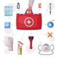 Doctors Hand Holding First Aid Kit Box with Medical Equipment and Medications, Gloves, Flashlight, Elastic Bandage Royalty Free Stock Photo