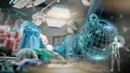 Doctors, hospital and hologram globe with surgery in operating room in scrubs, ppe and help for emergency. Surgeon Royalty Free Stock Photo