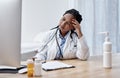 Doctors are humans too. a young doctor looking worried while working on a computer in her office. Royalty Free Stock Photo