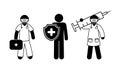 Doctors icons set, vaccination health protection, ambulance, stick figure